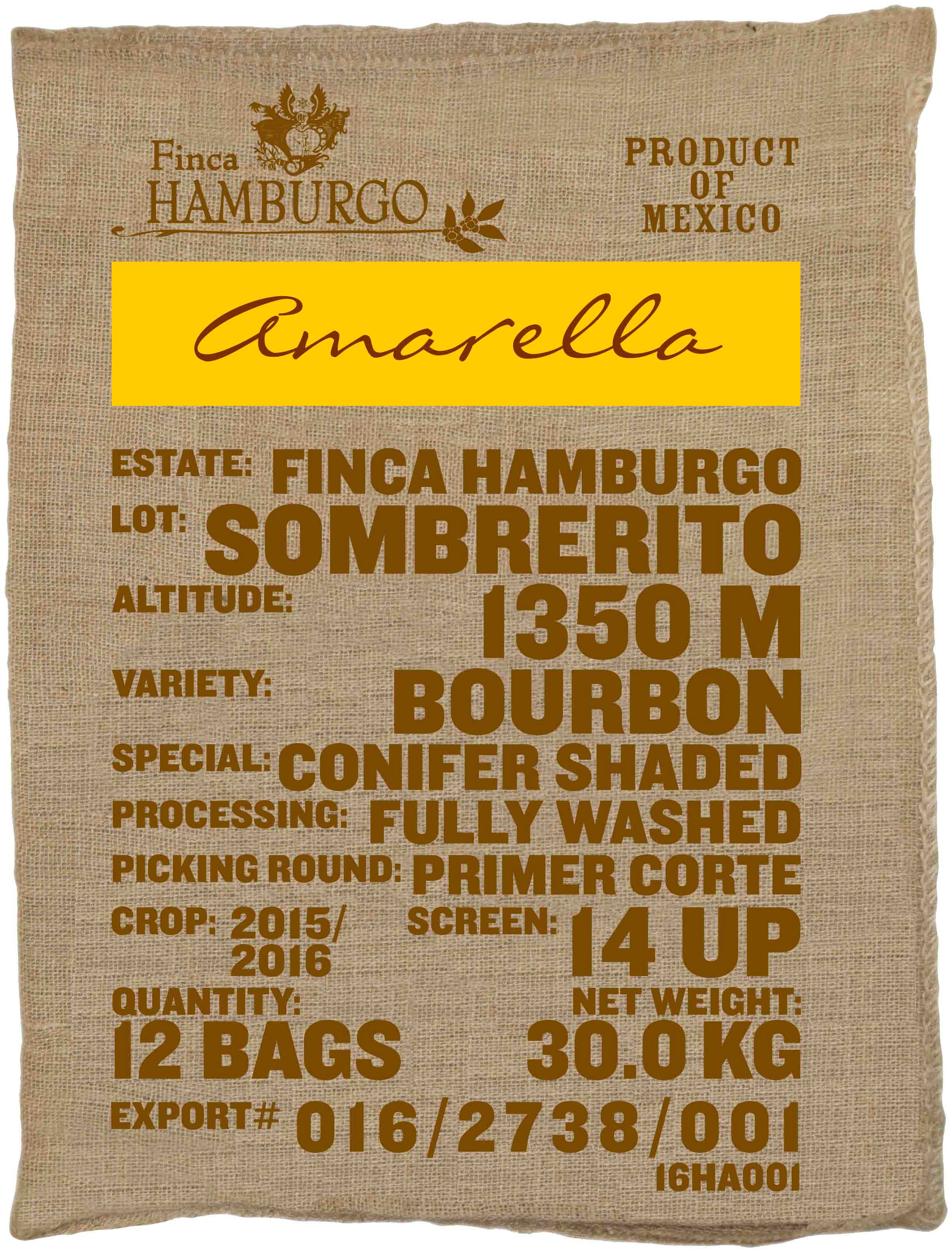 Ein Rohkaffeesack amarella Parzellenkaffee Varietät Bourbon. Finca Hamburgo Lot Sombrerito.