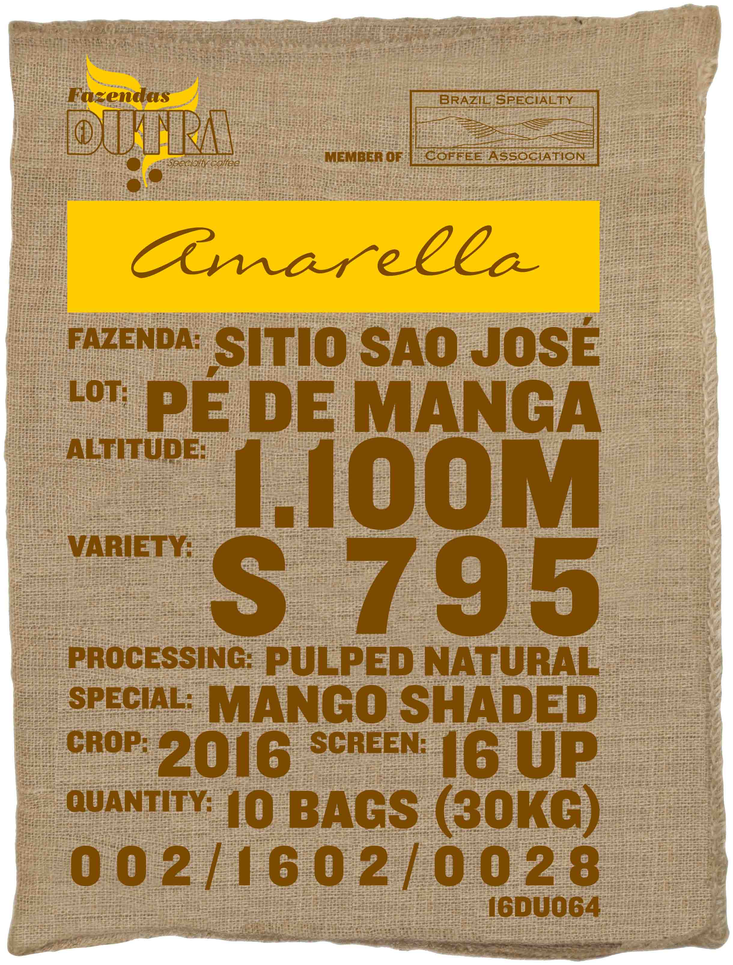 Ein Rohkaffeesack amarella Parzellenkaffee Varietät S795. Fazendas Dutra Lot Pe de Manga.