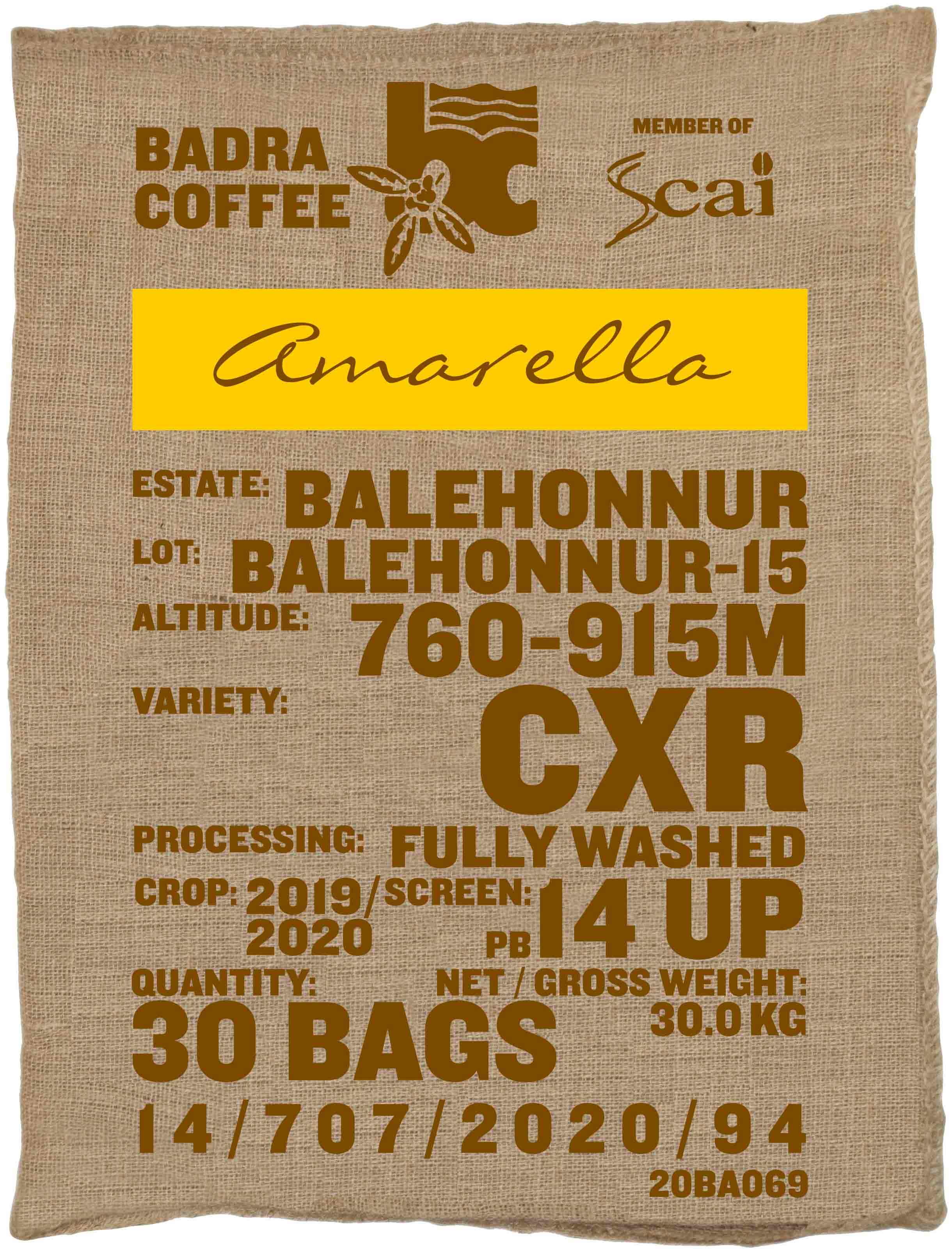 Ein Rohkaffeesack amarella Rohkaffee Varietät CxR. Badra Estates Lot Balehonnur 15.