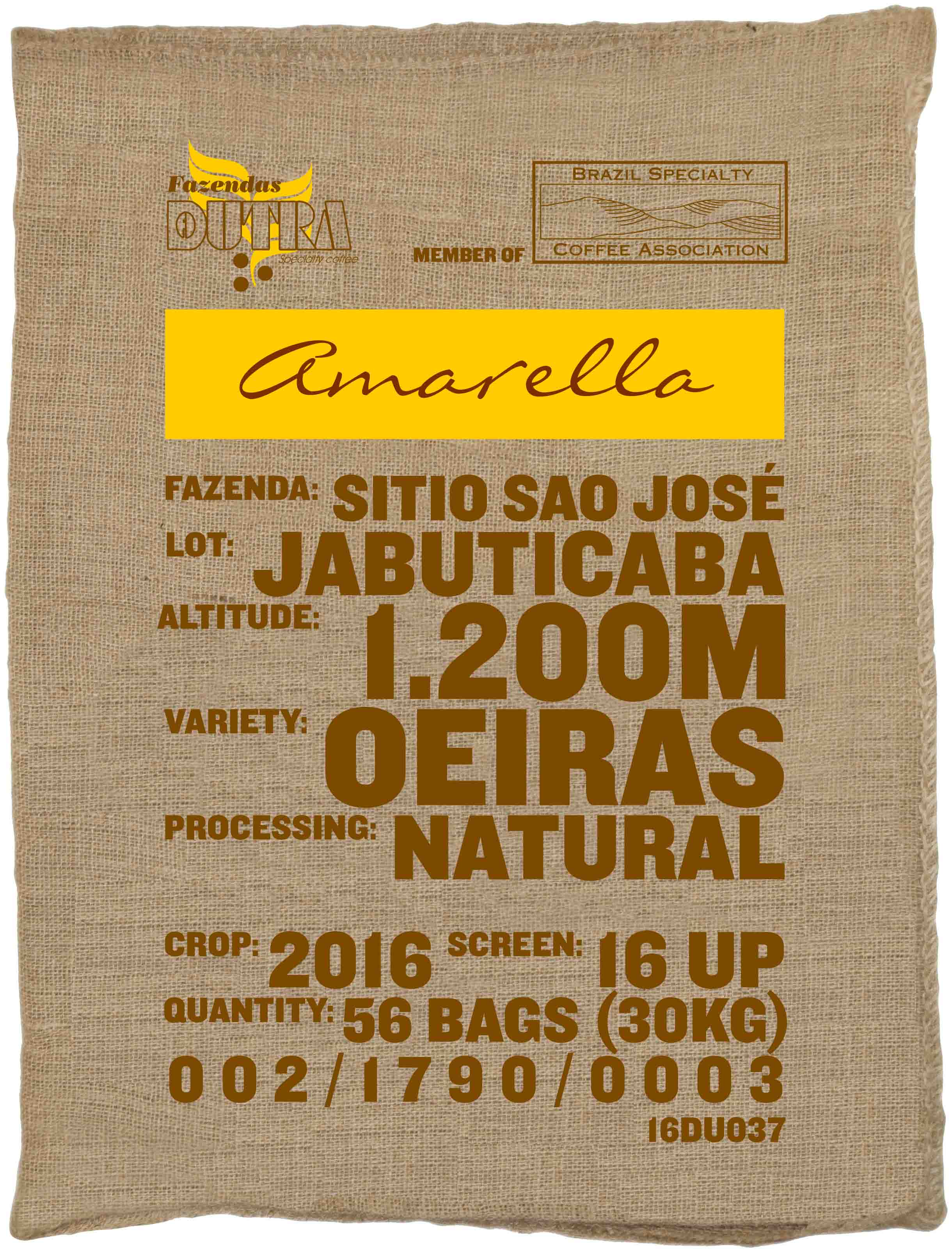 Ein Rohkaffeesack amarella Parzellenkaffee Varietät Oeiras. Fazendas Dutra Lot Jabuticaba.